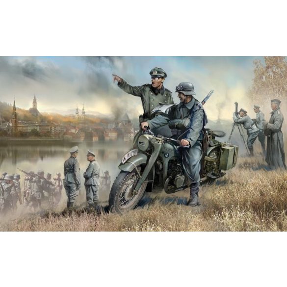 Zvezda German R-12 Heavy Motorcycle with rider and officer - makett