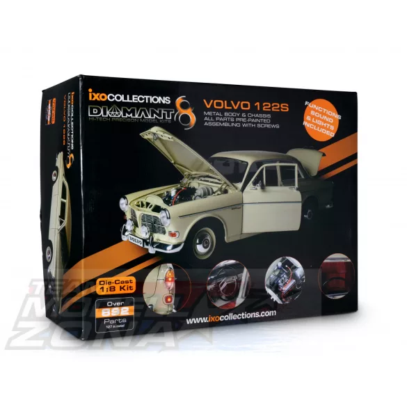 IXO - 1:8 Volvo 122S Amazon - hangos, fénnyel - fémelemekkel - prémium építőkészlet