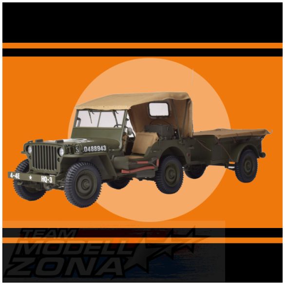 IXO - 1:8 Jeep Willy - fénnyel és pótkocsival és M3A1, M2 páncéltörővel - prémium építőkészlet