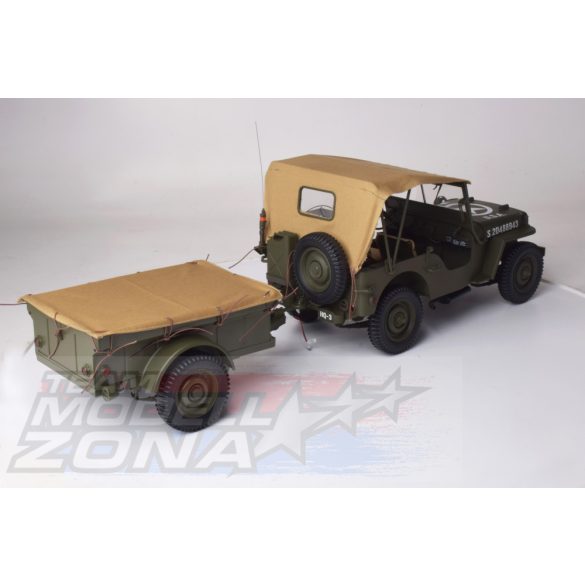 IXO - 1:8 Jeep Willy - fénnyel és pótkocsival és M3A1, M2 páncéltörővel - prémium építőkészlet