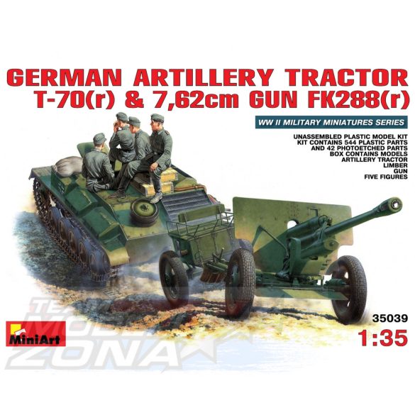 MiniArt 1:35 Ger. Art. Tractor T-70 & FK288 (4) makett