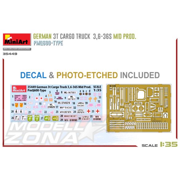  Miniart 1:35 GERMAN 3T CARGO TRUCK 3,6-36S MID PROD. PMQ600-TYPE makett