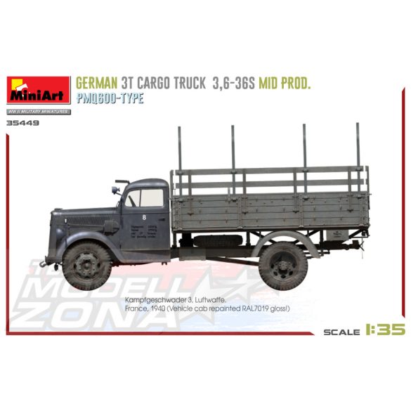  Miniart 1:35 GERMAN 3T CARGO TRUCK 3,6-36S MID PROD. PMQ600-TYPE makett